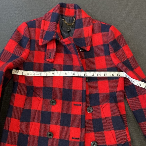 J. Crew 100% Wool Red & Navy Buffalo Check Plaid Pea Coat  Double Buttons Size 2 - Picture 7 of 14